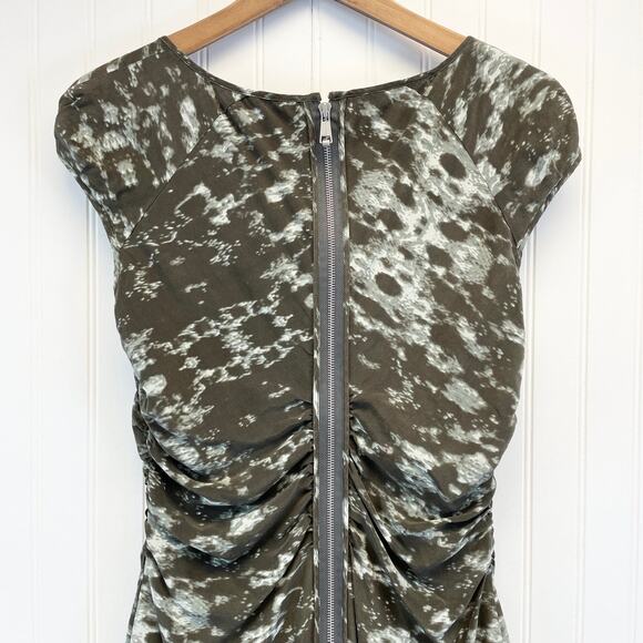 Andrew Marc Womens 8 Silk Shift Dress Mottled Olive Green Square Neckline Zipper - Picture 4 of 16